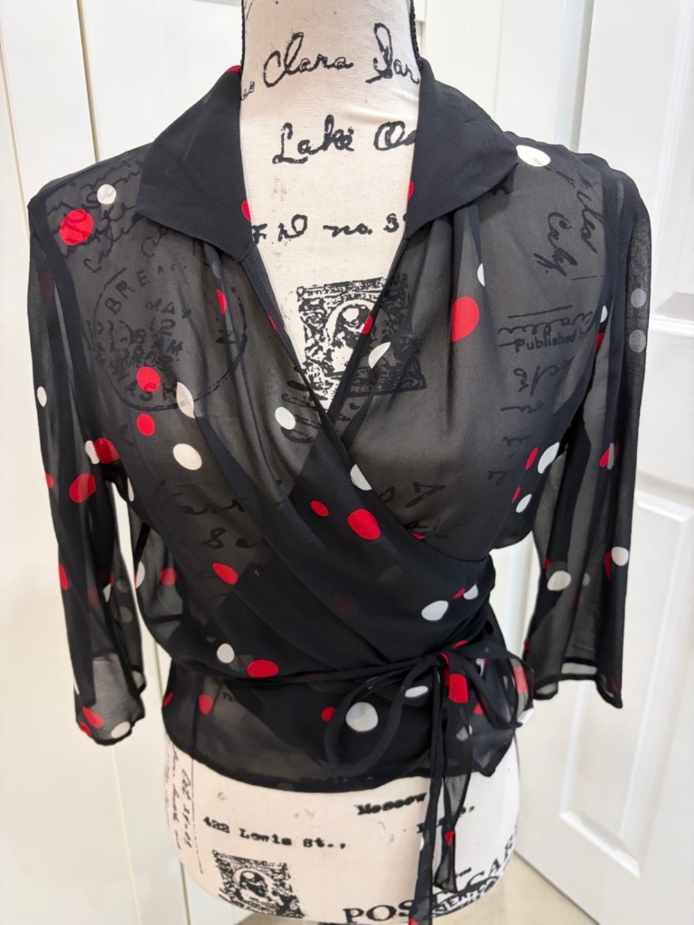 The Limited Black Silk Sheer Polka Dot Wrap Blouse with Red & White Dots